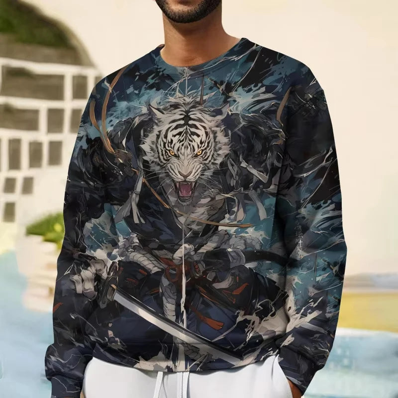 Japanese Style Tiger 3D Print Long Sleeve T-Shirts Streetwear Loose Men Unisex Harajuku round Neck Oversized Tshirt Clothes