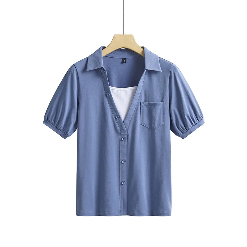 Summer New Short Sleeve T-Shirt Lapel Pocket Fake Two Piece Slim Fit Fashion Cotton Solid Color Versatile Women'S Top