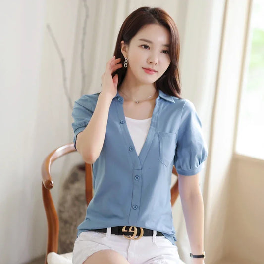 Summer New Short Sleeve T-Shirt Lapel Pocket Fake Two Piece Slim Fit Fashion Cotton Solid Color Versatile Women'S Top