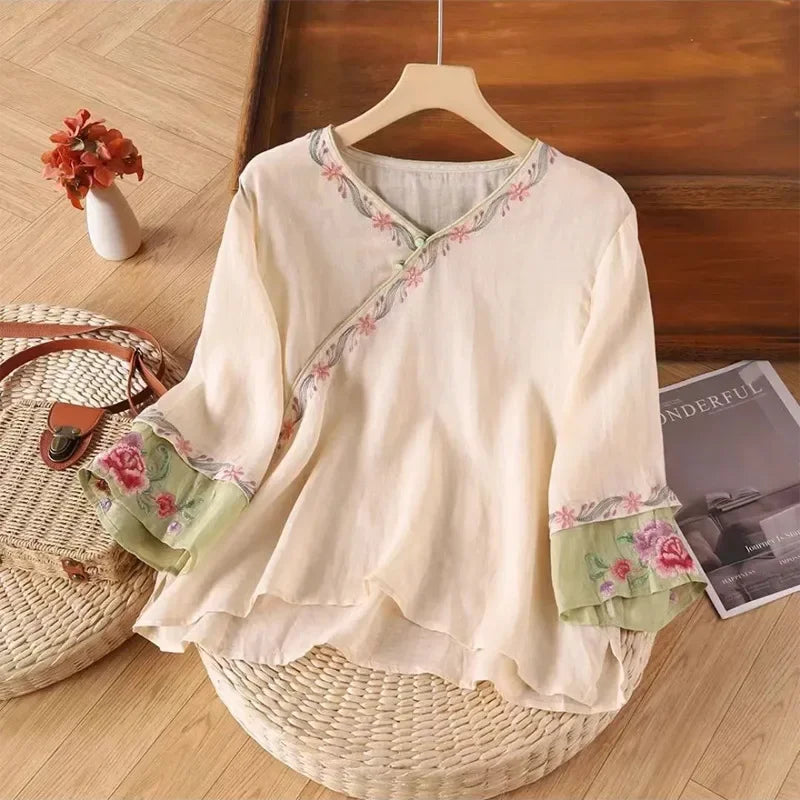 Thin Shirts for Women Clothing Y2K Top Tshirt Tees Fashion Casual Embroidery Streetwear Vintage Clothes Ethnic Style Harajuku