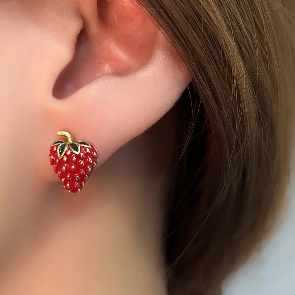 Cute Sweet Red Enamel Strawberries Small Stud Earrings for Women Girls New Korean Trendy Charm Fruit Jewelry Accessories Gifts