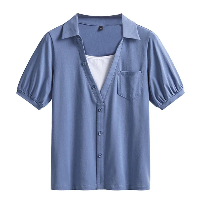 Summer New Short Sleeve T-Shirt Lapel Pocket Fake Two Piece Slim Fit Fashion Cotton Solid Color Versatile Women'S Top
