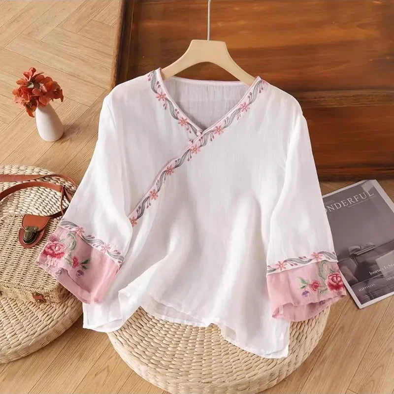 Thin Shirts for Women Clothing Y2K Top Tshirt Tees Fashion Casual Embroidery Streetwear Vintage Clothes Ethnic Style Harajuku