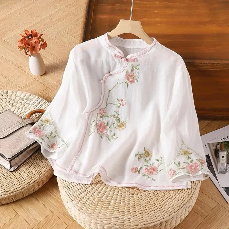 Thin Shirts for Women Clothing Y2K Top Tshirt Tees Fashion Casual Embroidery Streetwear Vintage Clothes Ethnic Style Harajuku