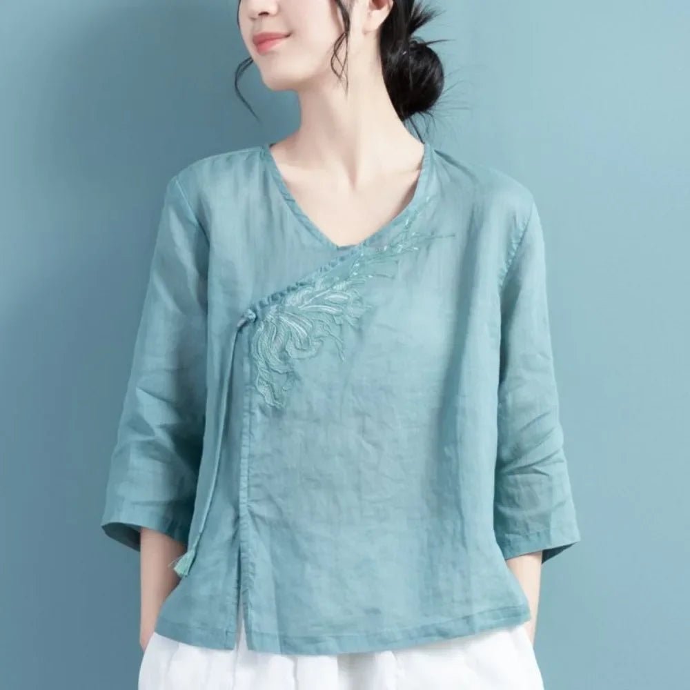 Thin Shirts for Women Clothing Y2K Top Tshirt Tees Fashion Casual Embroidery Streetwear Vintage Clothes Ethnic Style Harajuku