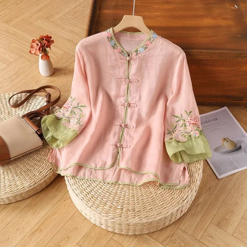Thin Shirts for Women Clothing Y2K Top Tshirt Tees Fashion Casual Embroidery Streetwear Vintage Clothes Ethnic Style Harajuku