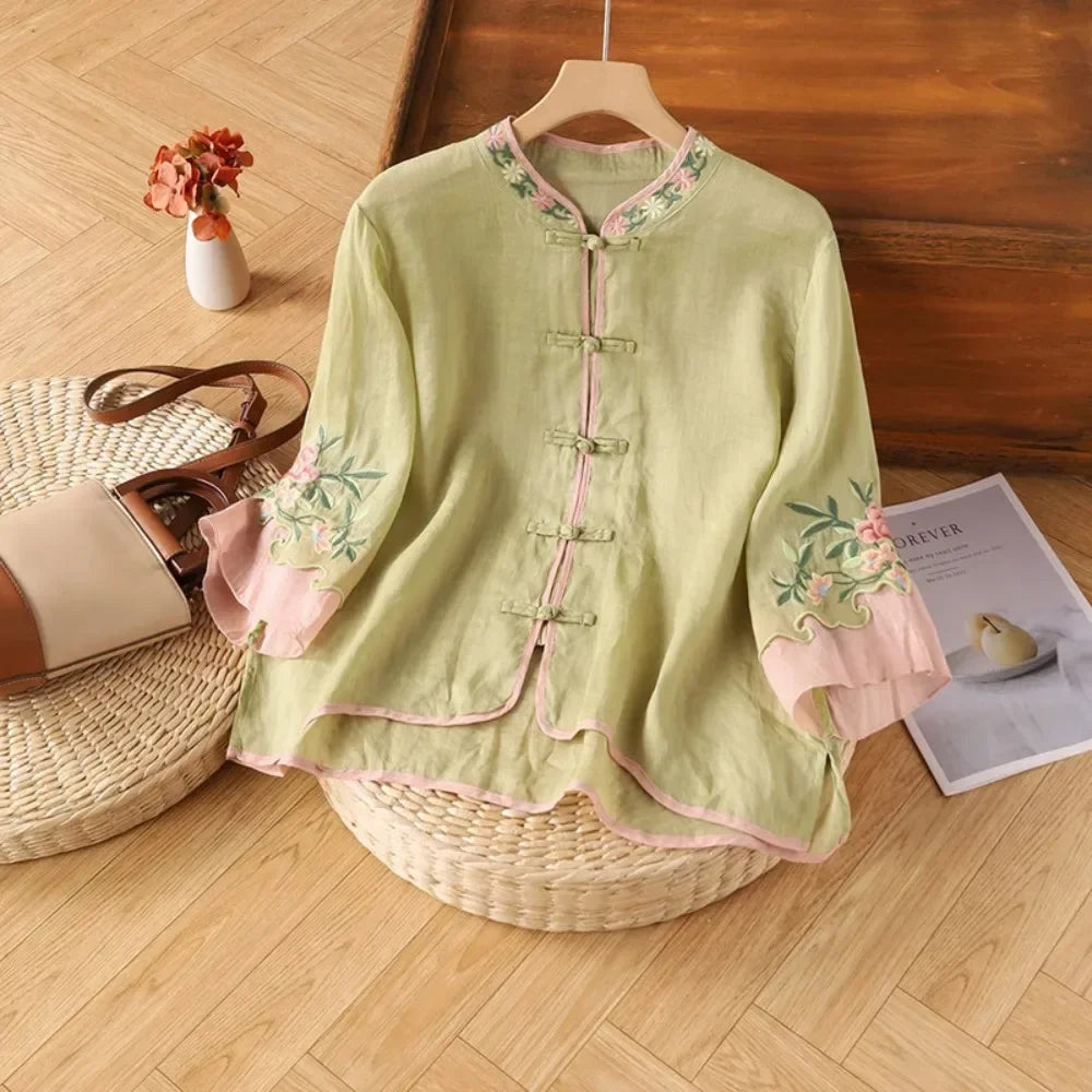 Thin Shirts for Women Clothing Y2K Top Tshirt Tees Fashion Casual Embroidery Streetwear Vintage Clothes Ethnic Style Harajuku