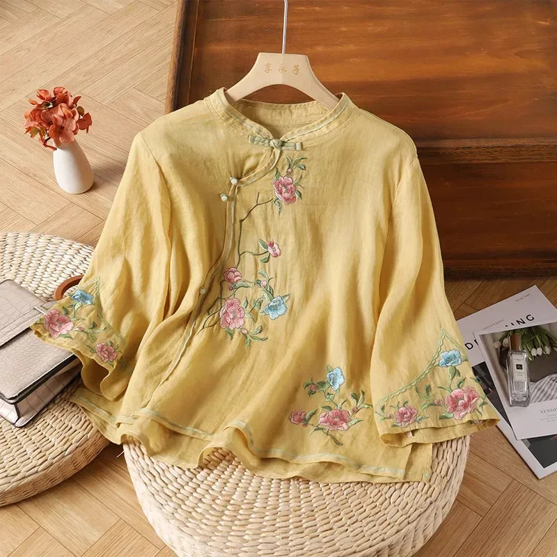 Thin Shirts for Women Clothing Y2K Top Tshirt Tees Fashion Casual Embroidery Streetwear Vintage Clothes Ethnic Style Harajuku