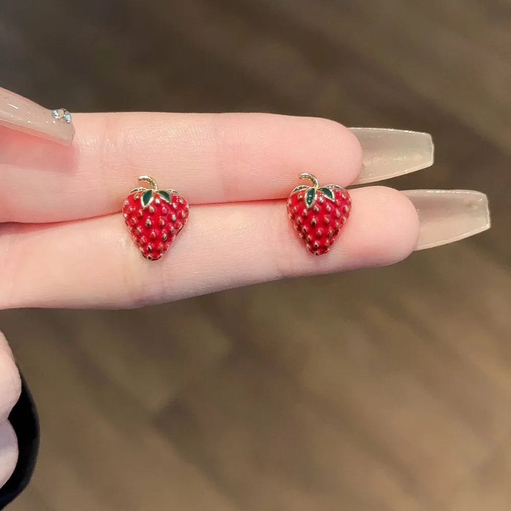 Cute Sweet Red Enamel Strawberries Small Stud Earrings for Women Girls New Korean Trendy Charm Fruit Jewelry Accessories Gifts