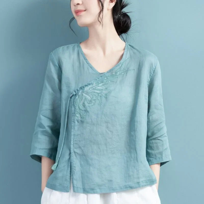 Thin Shirts for Women Clothing Y2K Top Tshirt Tees Fashion Casual Embroidery Streetwear Vintage Clothes Ethnic Style Harajuku