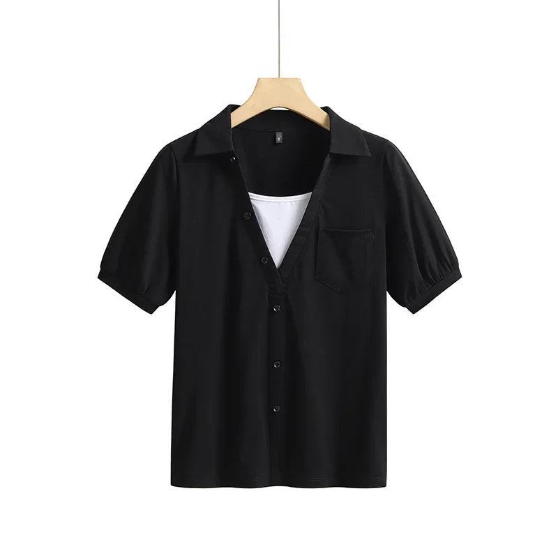 Summer New Short Sleeve T-Shirt Lapel Pocket Fake Two Piece Slim Fit Fashion Cotton Solid Color Versatile Women'S Top
