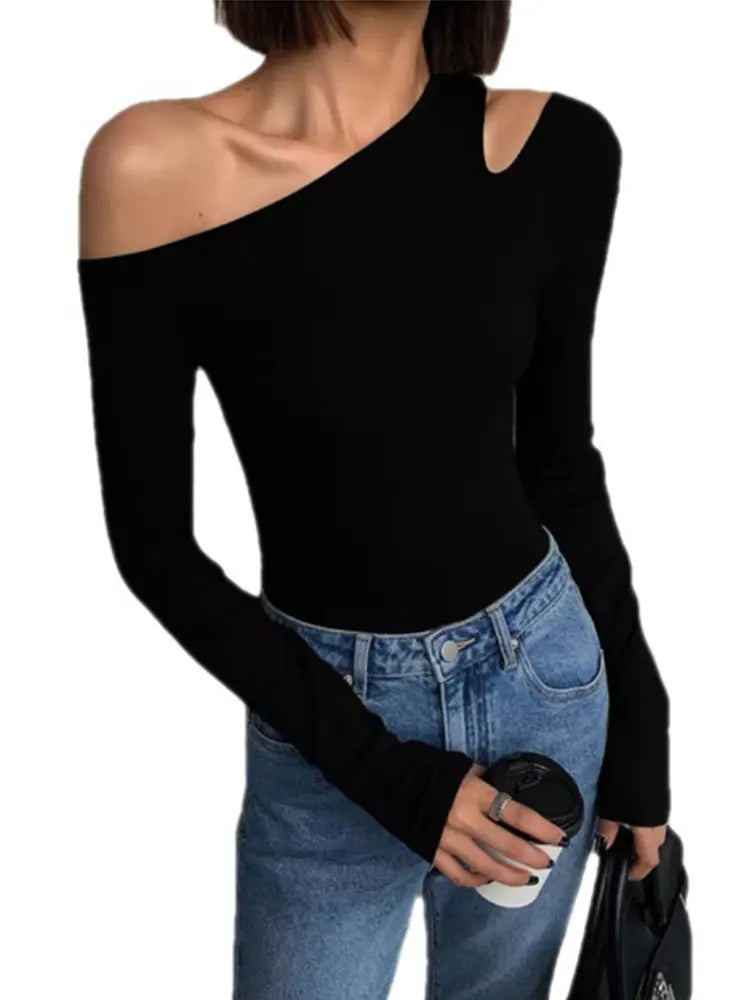 Fashion Skew Collar Off-Shoulder Long-Sleeved T-Shirts Women Spring New Solid Slim Fit Crop Top Sexy Hollow Out Tees Shirts