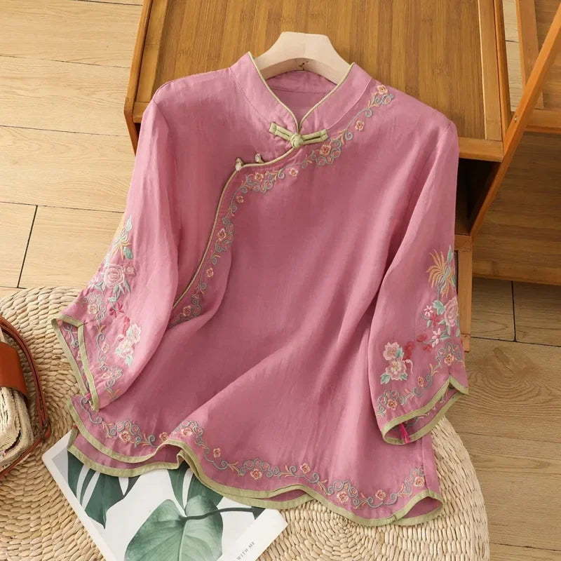 Thin Shirts for Women Clothing Y2K Top Tshirt Tees Fashion Casual Embroidery Streetwear Vintage Clothes Ethnic Style Harajuku