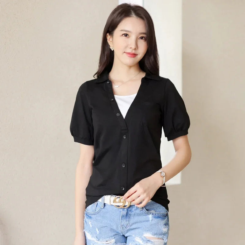 Summer New Short Sleeve T-Shirt Lapel Pocket Fake Two Piece Slim Fit Fashion Cotton Solid Color Versatile Women'S Top