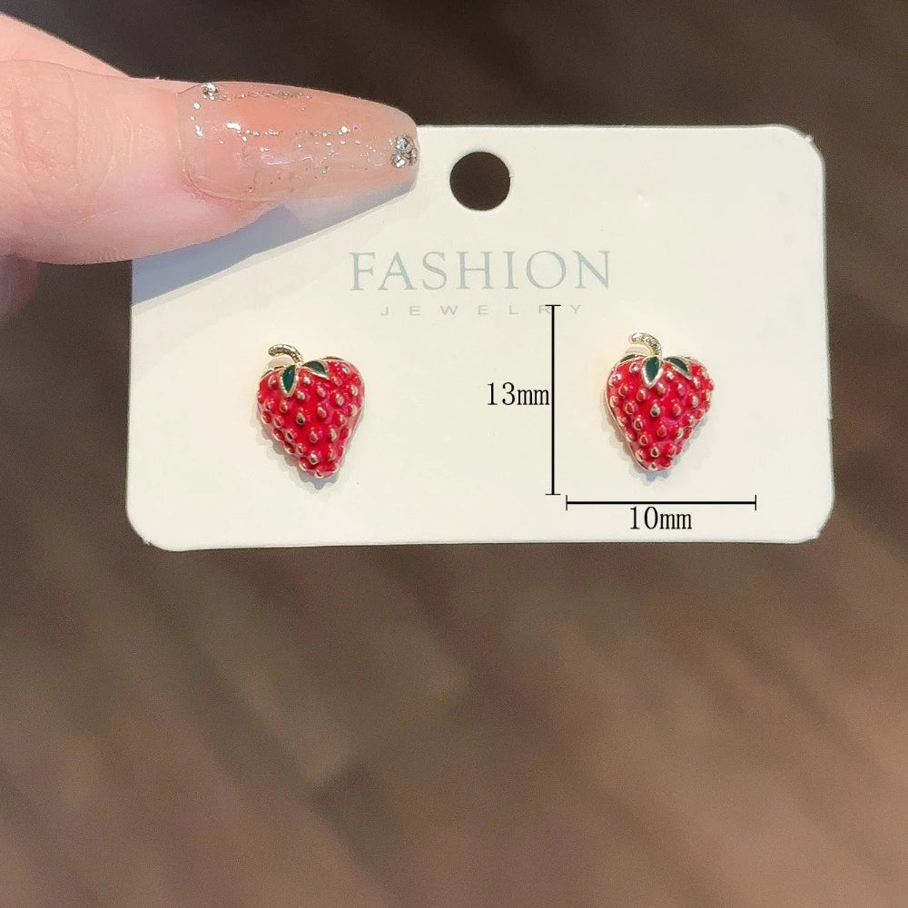 Cute Sweet Red Enamel Strawberries Small Stud Earrings for Women Girls New Korean Trendy Charm Fruit Jewelry Accessories Gifts