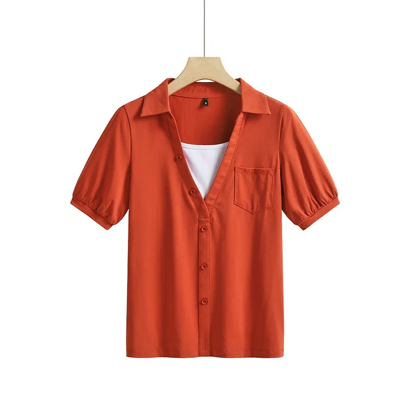 Summer New Short Sleeve T-Shirt Lapel Pocket Fake Two Piece Slim Fit Fashion Cotton Solid Color Versatile Women'S Top