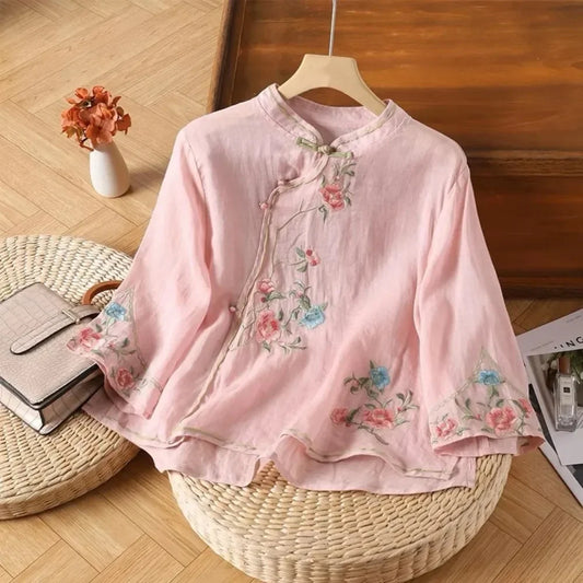 Thin Shirts for Women Clothing Y2K Top Tshirt Tees Fashion Casual Embroidery Streetwear Vintage Clothes Ethnic Style Harajuku