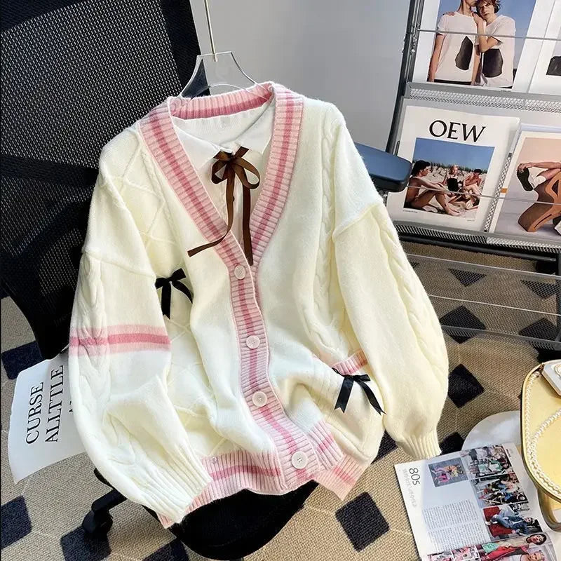 Sweet Coquette Sweaters Cardigan Women Kawaii Bow Knitted Cardigan Japanese Preppy Style Lolita Knitwears JK Jumpers