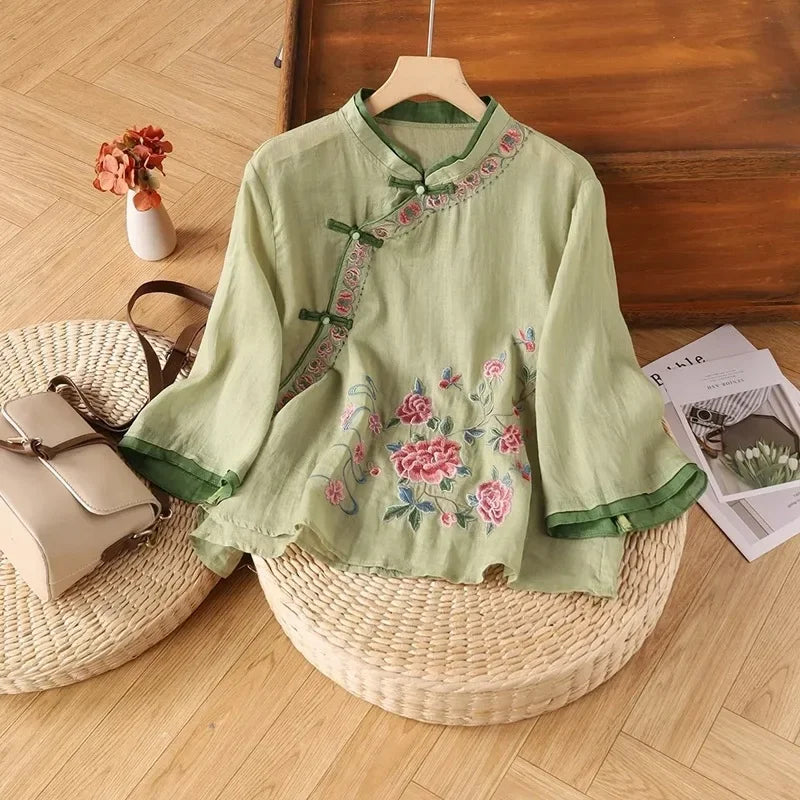Thin Shirts for Women Clothing Y2K Top Tshirt Tees Fashion Casual Embroidery Streetwear Vintage Clothes Ethnic Style Harajuku