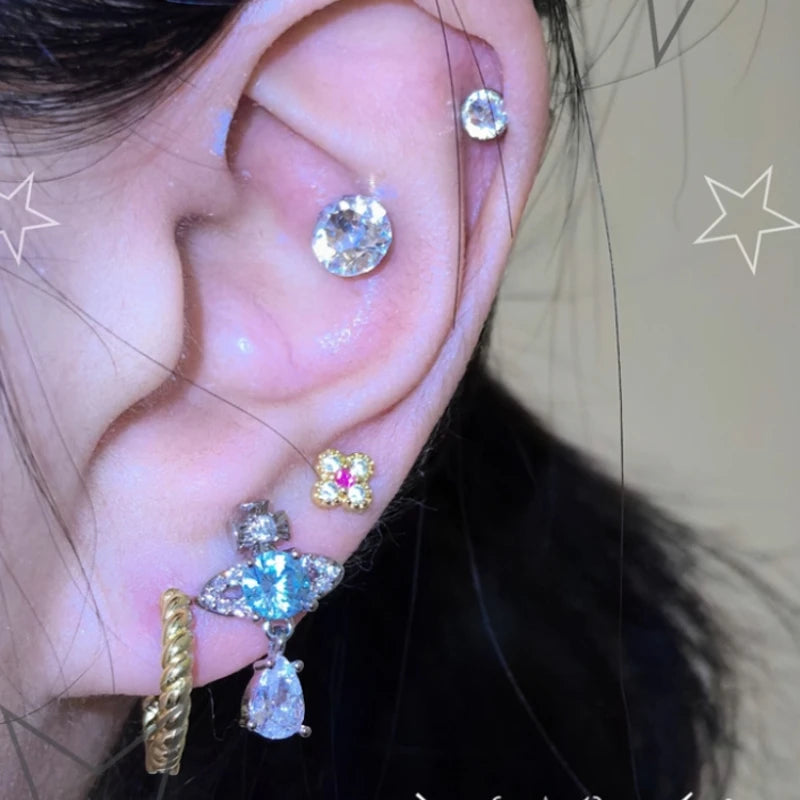 1PC Korean Style Blue Zircon Star Saturn Stud Earrings for Women Ear Studs Water Drop Temperament Piercing Earring Jewelry