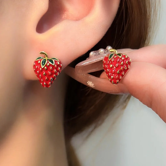 Cute Sweet Red Enamel Strawberries Small Stud Earrings for Women Girls New Korean Trendy Charm Fruit Jewelry Accessories Gifts