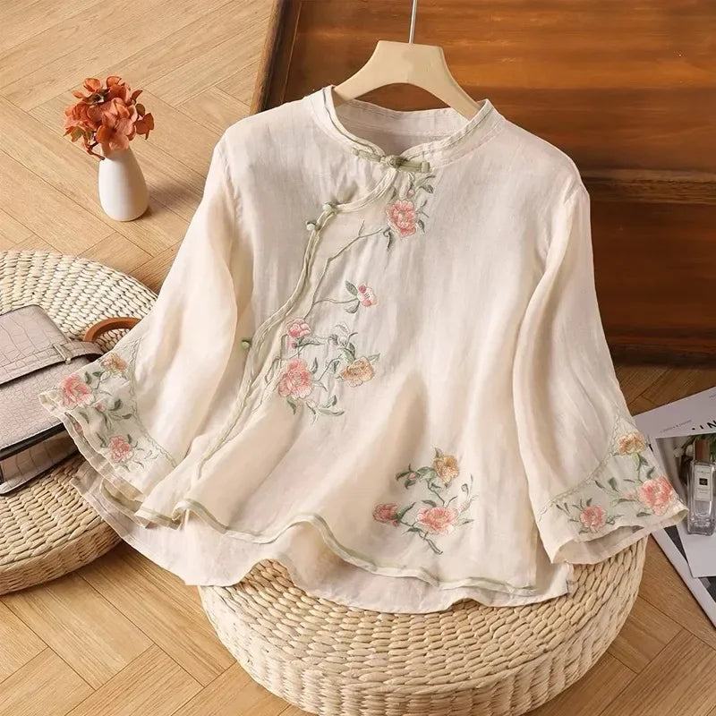 Thin Shirts for Women Clothing Y2K Top Tshirt Tees Fashion Casual Embroidery Streetwear Vintage Clothes Ethnic Style Harajuku