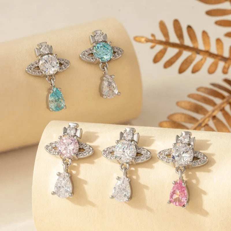 1PC Korean Style Blue Zircon Star Saturn Stud Earrings for Women Ear Studs Water Drop Temperament Piercing Earring Jewelry