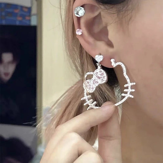 Kawaii Shiny Crystal Hello Kitty Earrings Women Harajuku Japanese Cute Charming Hello Kitty Earrings Accessories Birthday Gift