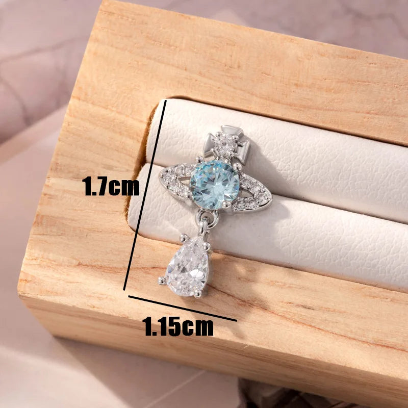 1PC Korean Style Blue Zircon Star Saturn Stud Earrings for Women Ear Studs Water Drop Temperament Piercing Earring Jewelry