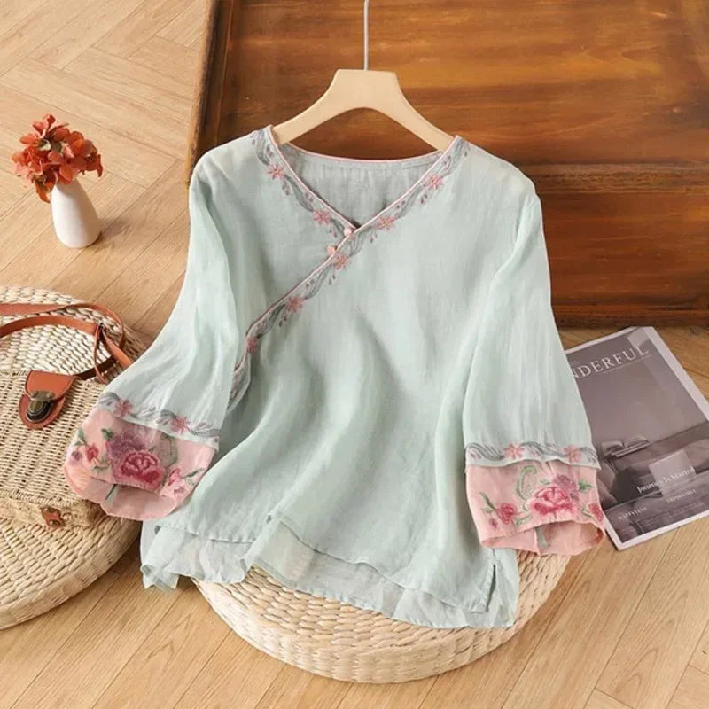 Thin Shirts for Women Clothing Y2K Top Tshirt Tees Fashion Casual Embroidery Streetwear Vintage Clothes Ethnic Style Harajuku