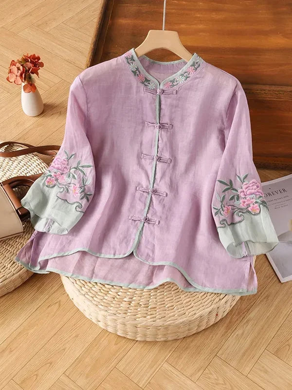Thin Shirts for Women Clothing Y2K Top Tshirt Tees Fashion Casual Embroidery Streetwear Vintage Clothes Ethnic Style Harajuku