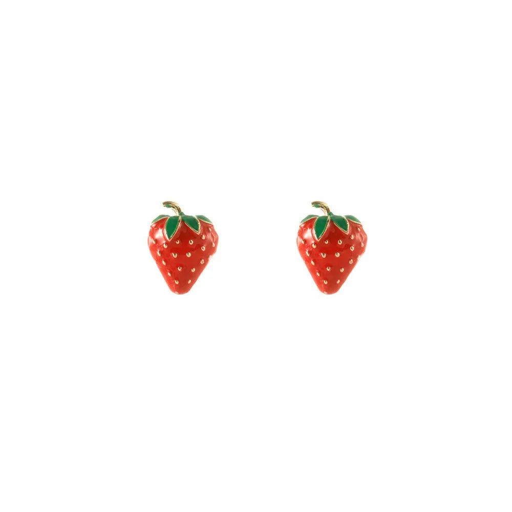 Cute Sweet Red Enamel Strawberries Small Stud Earrings for Women Girls New Korean Trendy Charm Fruit Jewelry Accessories Gifts