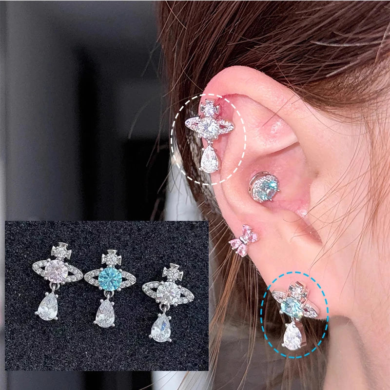 1PC Korean Style Blue Zircon Star Saturn Stud Earrings for Women Ear Studs Water Drop Temperament Piercing Earring Jewelry