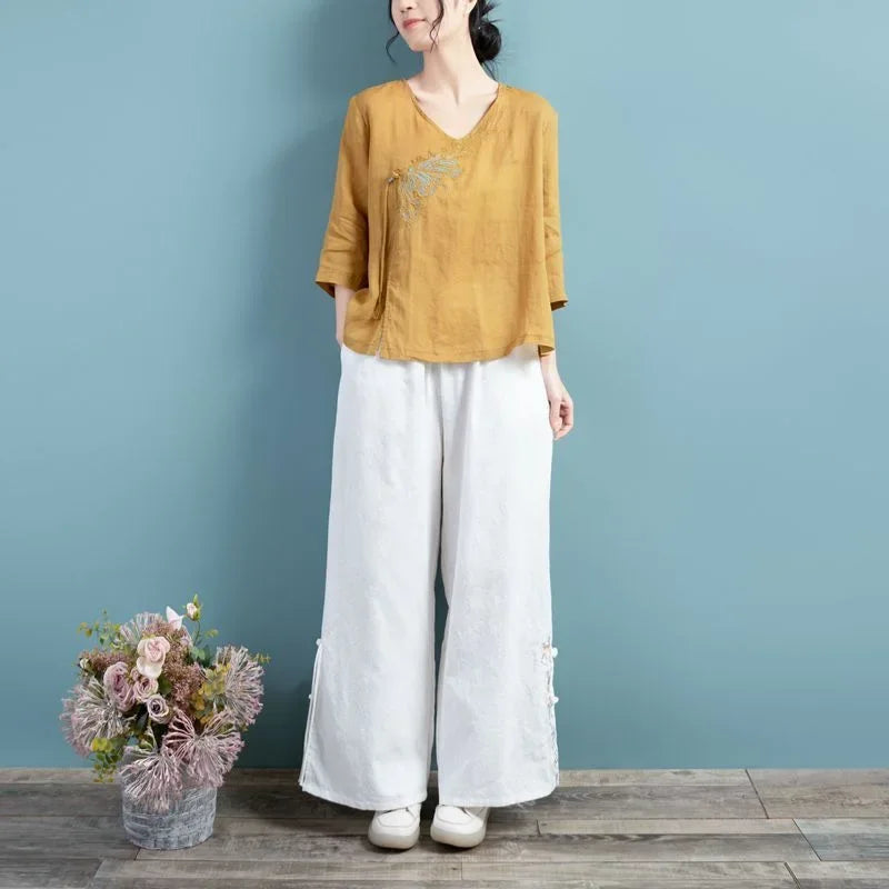 Thin Shirts for Women Clothing Y2K Top Tshirt Tees Fashion Casual Embroidery Streetwear Vintage Clothes Ethnic Style Harajuku