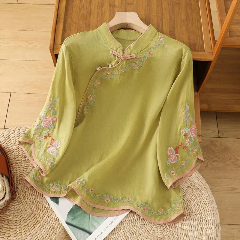 Thin Shirts for Women Clothing Y2K Top Tshirt Tees Fashion Casual Embroidery Streetwear Vintage Clothes Ethnic Style Harajuku