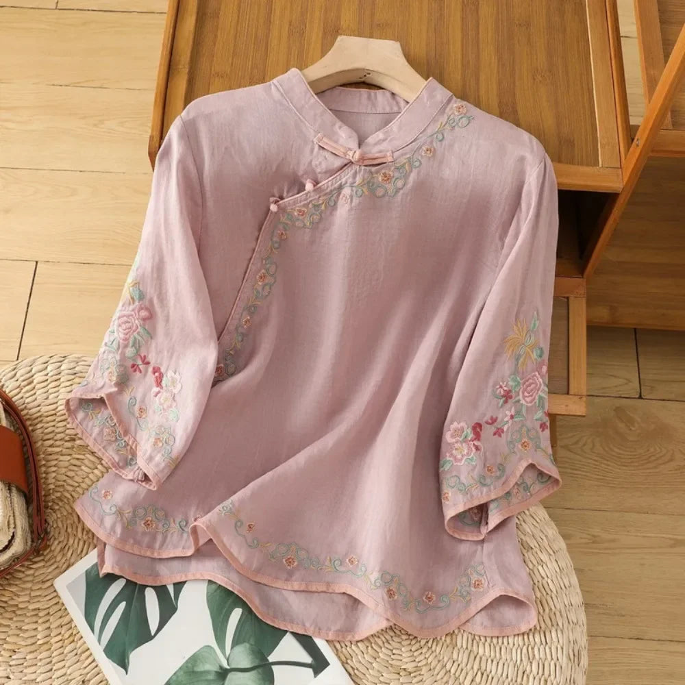 Thin Shirts for Women Clothing Y2K Top Tshirt Tees Fashion Casual Embroidery Streetwear Vintage Clothes Ethnic Style Harajuku