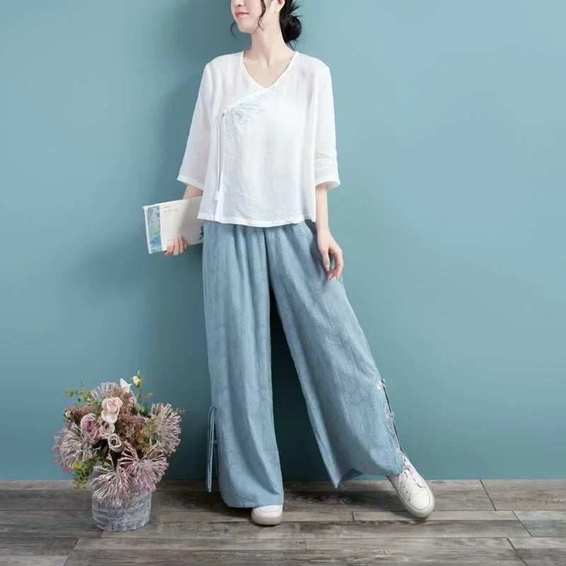 Thin Shirts for Women Clothing Y2K Top Tshirt Tees Fashion Casual Embroidery Streetwear Vintage Clothes Ethnic Style Harajuku