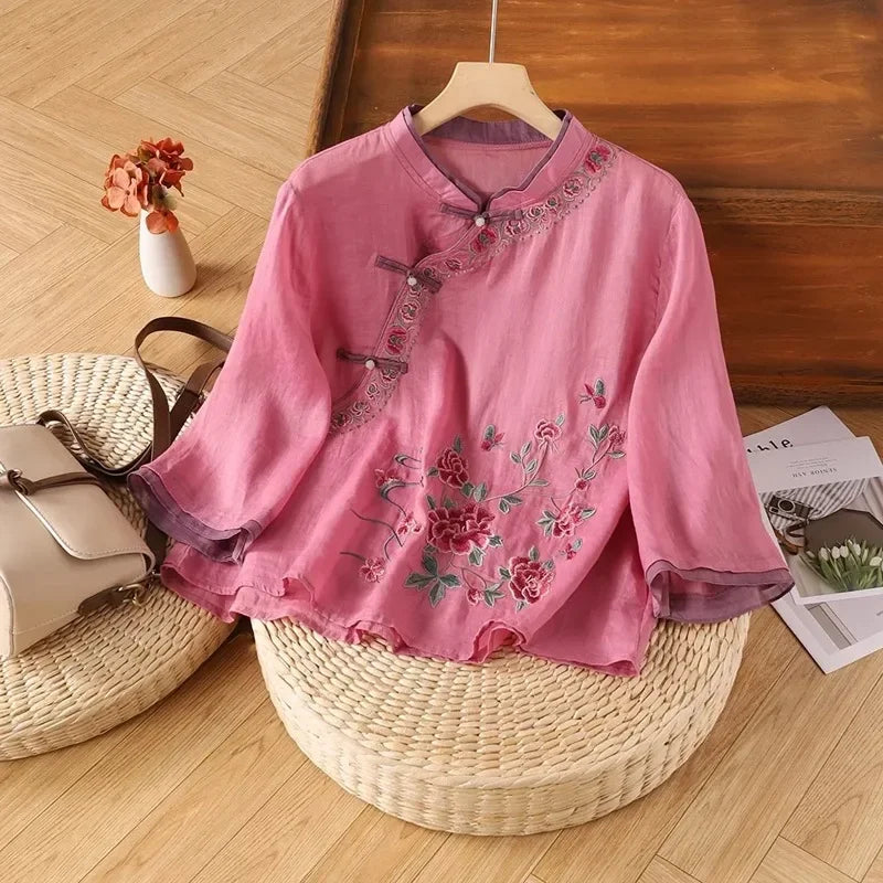 Thin Shirts for Women Clothing Y2K Top Tshirt Tees Fashion Casual Embroidery Streetwear Vintage Clothes Ethnic Style Harajuku