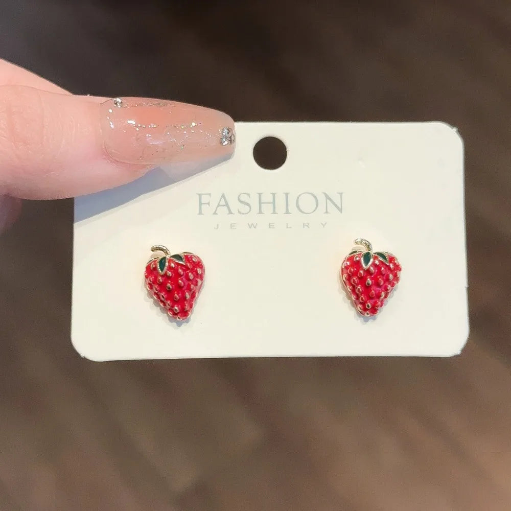Cute Sweet Red Enamel Strawberries Small Stud Earrings for Women Girls New Korean Trendy Charm Fruit Jewelry Accessories Gifts