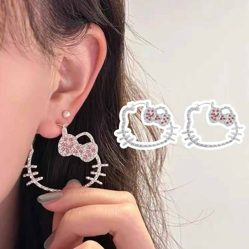 Kawaii Shiny Crystal Hello Kitty Earrings Women Harajuku Japanese Cute Charming Hello Kitty Earrings Accessories Birthday Gift