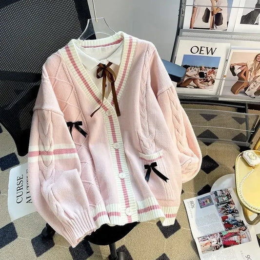 Sweet Coquette Sweaters Cardigan Women Kawaii Bow Knitted Cardigan Japanese Preppy Style Lolita Knitwears JK Jumpers