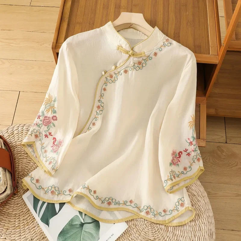 Thin Shirts for Women Clothing Y2K Top Tshirt Tees Fashion Casual Embroidery Streetwear Vintage Clothes Ethnic Style Harajuku