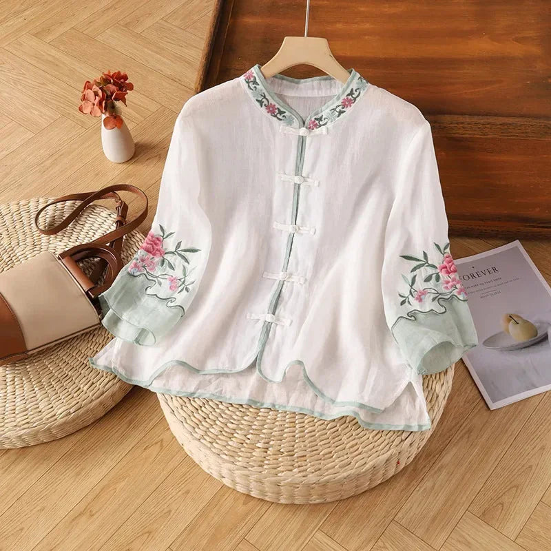 Thin Shirts for Women Clothing Y2K Top Tshirt Tees Fashion Casual Embroidery Streetwear Vintage Clothes Ethnic Style Harajuku