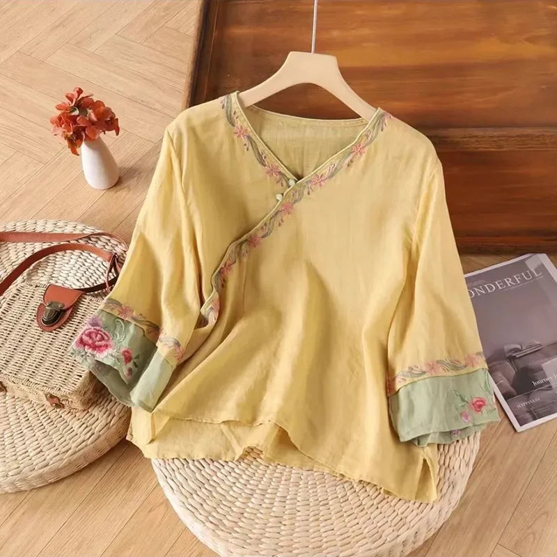 Thin Shirts for Women Clothing Y2K Top Tshirt Tees Fashion Casual Embroidery Streetwear Vintage Clothes Ethnic Style Harajuku