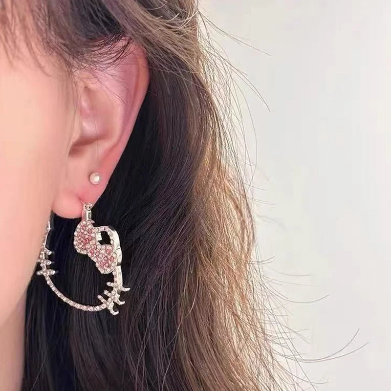 Kawaii Shiny Crystal Hello Kitty Earrings Women Harajuku Japanese Cute Charming Hello Kitty Earrings Accessories Birthday Gift