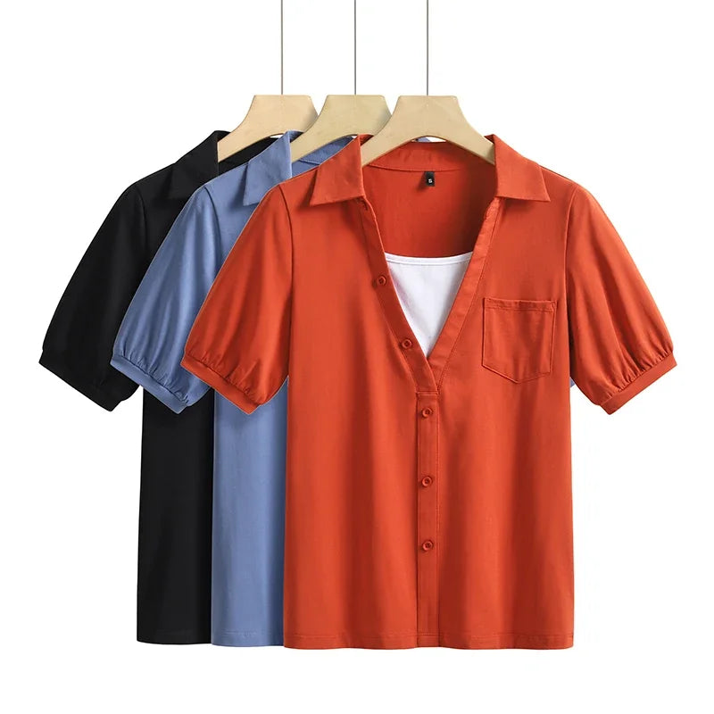 Summer New Short Sleeve T-Shirt Lapel Pocket Fake Two Piece Slim Fit Fashion Cotton Solid Color Versatile Women'S Top