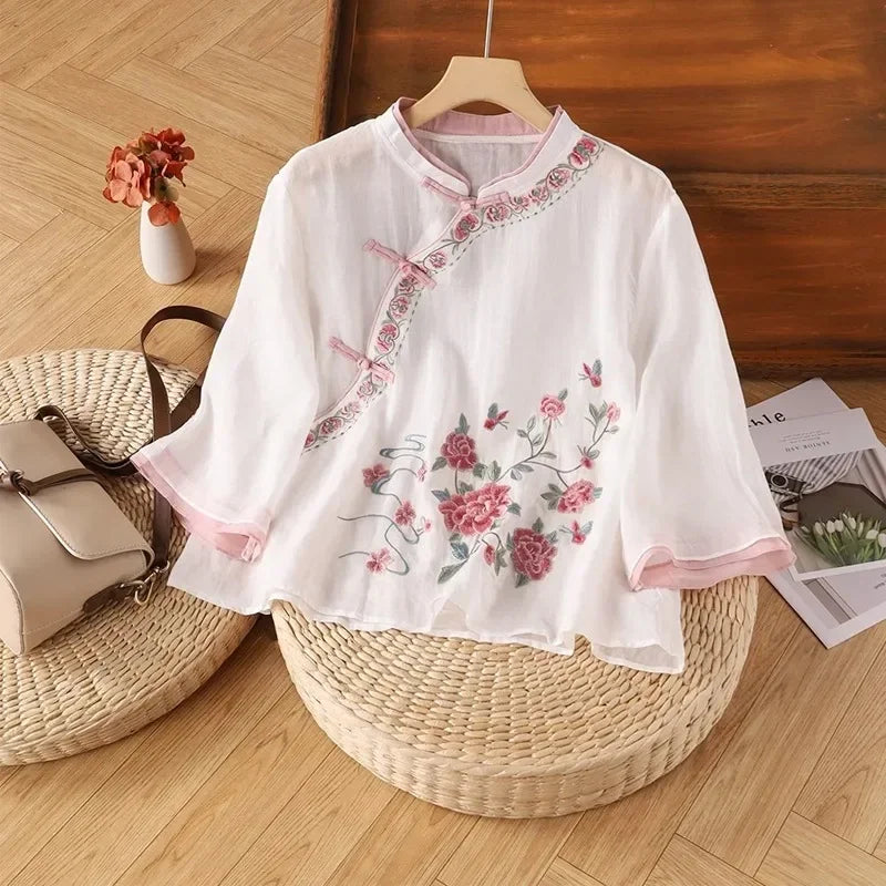 Thin Shirts for Women Clothing Y2K Top Tshirt Tees Fashion Casual Embroidery Streetwear Vintage Clothes Ethnic Style Harajuku