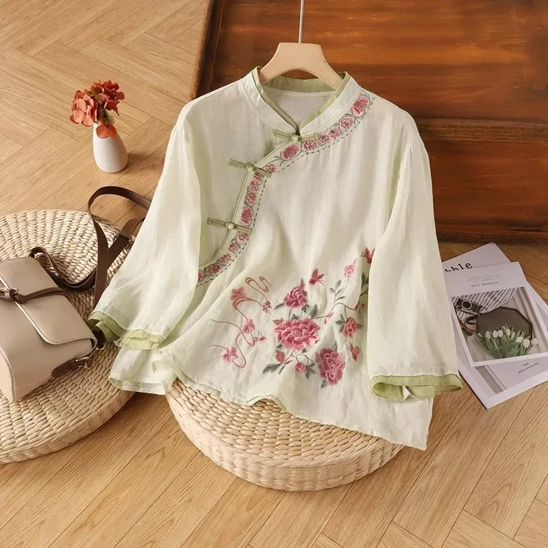 Thin Shirts for Women Clothing Y2K Top Tshirt Tees Fashion Casual Embroidery Streetwear Vintage Clothes Ethnic Style Harajuku
