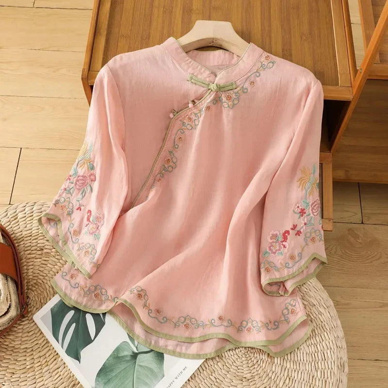 Thin Shirts for Women Clothing Y2K Top Tshirt Tees Fashion Casual Embroidery Streetwear Vintage Clothes Ethnic Style Harajuku