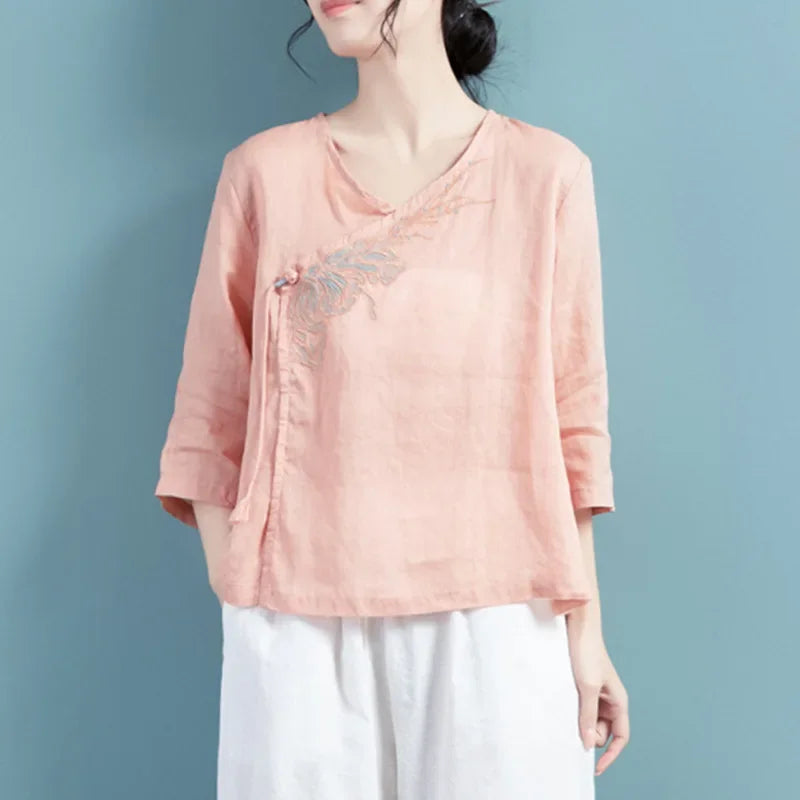 Thin Shirts for Women Clothing Y2K Top Tshirt Tees Fashion Casual Embroidery Streetwear Vintage Clothes Ethnic Style Harajuku